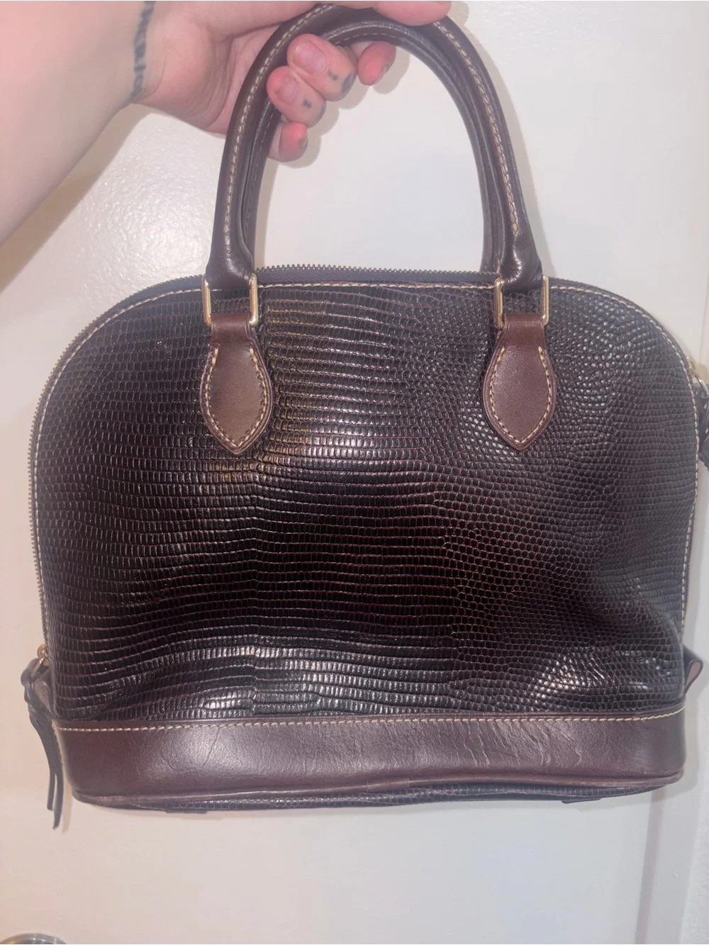 Dooney & Bourke Embossed Lizard Large Domed Satchel Dark Chocolate Leather